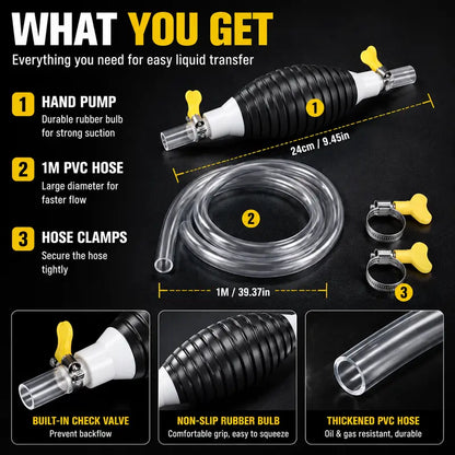 ⛽50% OFF Manual Siphon Pump Kit with 1M Hose, Rubber Pump Bulb & 2 Hose Clamps, Liquid Transfer Pump for Fuel Water Oil, Car Boat Motorcycle