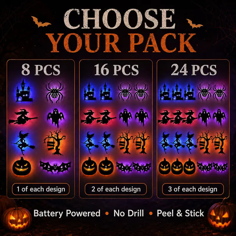 Battery-operated LED Halloween silhouette wall sticker—peel-and-stick decorative light.