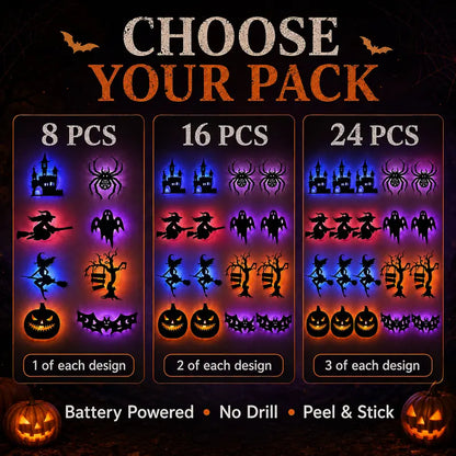 Battery-operated LED Halloween silhouette wall sticker—peel-and-stick decorative light.