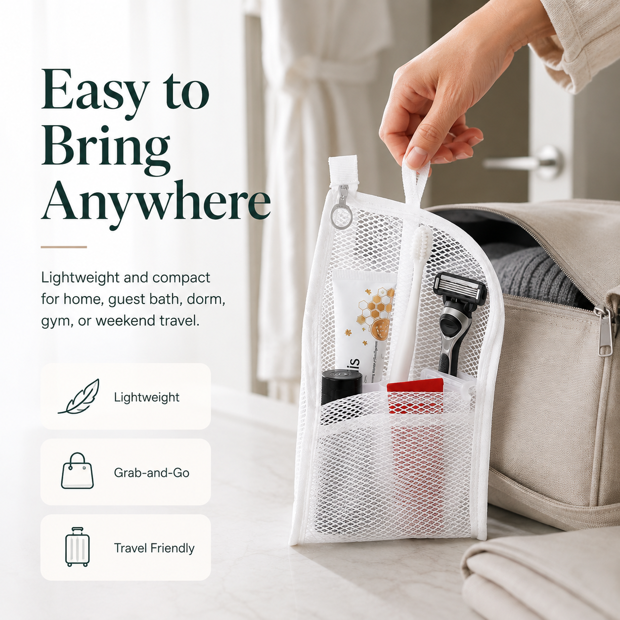 🧼 48% OFF Quick-Dry Mesh Bathroom Organizer – Self-Standing Toiletry Storage Bag