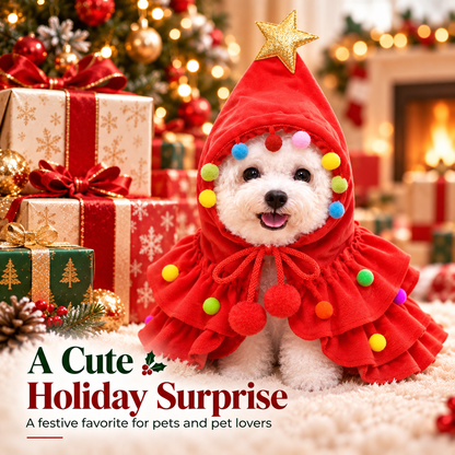 🎄 Christmas Tree Pet Cape Costume with Gold Star & Pom-Poms for Dogs & Cats 📸