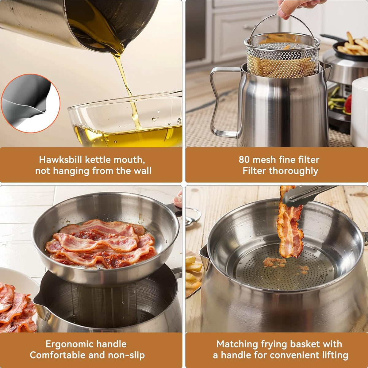 Stainless Steel Oil Filter Pot with Deep Fryer Basket, Stovetop Fryer