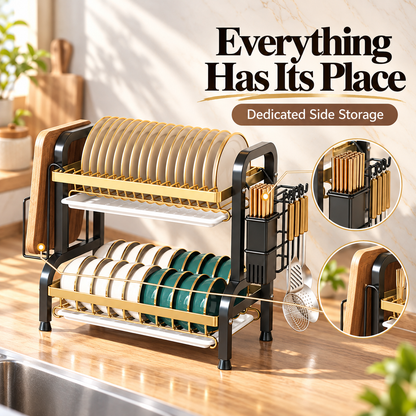 🍽️ Space-Saving 2-Tier Dish Drainer With Removable Drip Trays