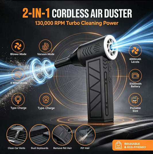 2-in-1 Cordless Air Duster & Vacuum - 130,000 RPM Rechargeable Turbo Blower
