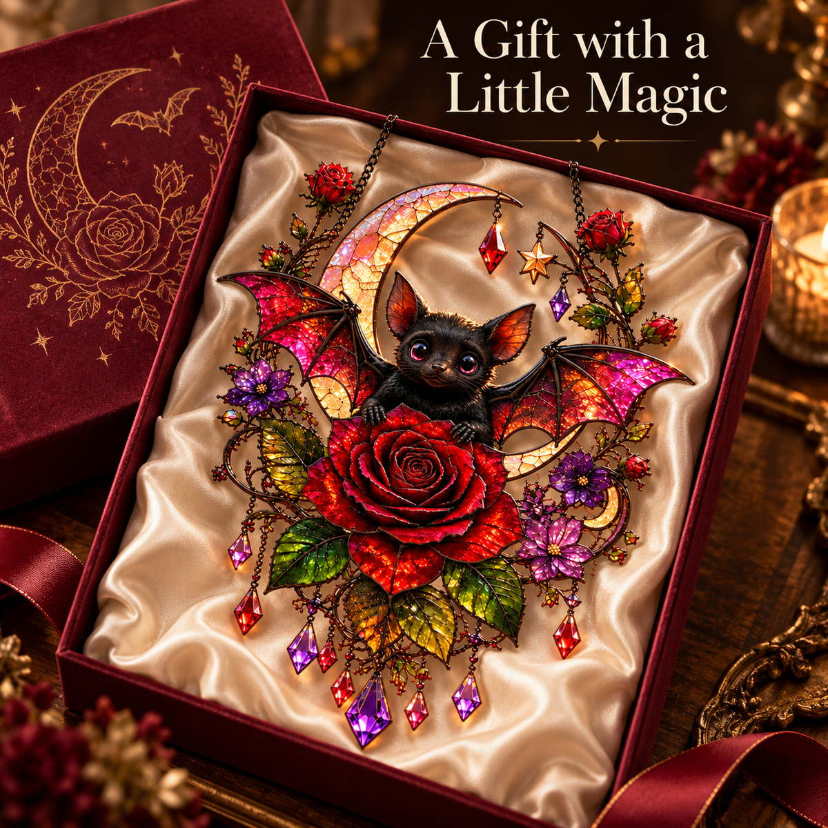 🦇 Midnight Romance – Bat, Crescent Moon & Rose Hanging Decor