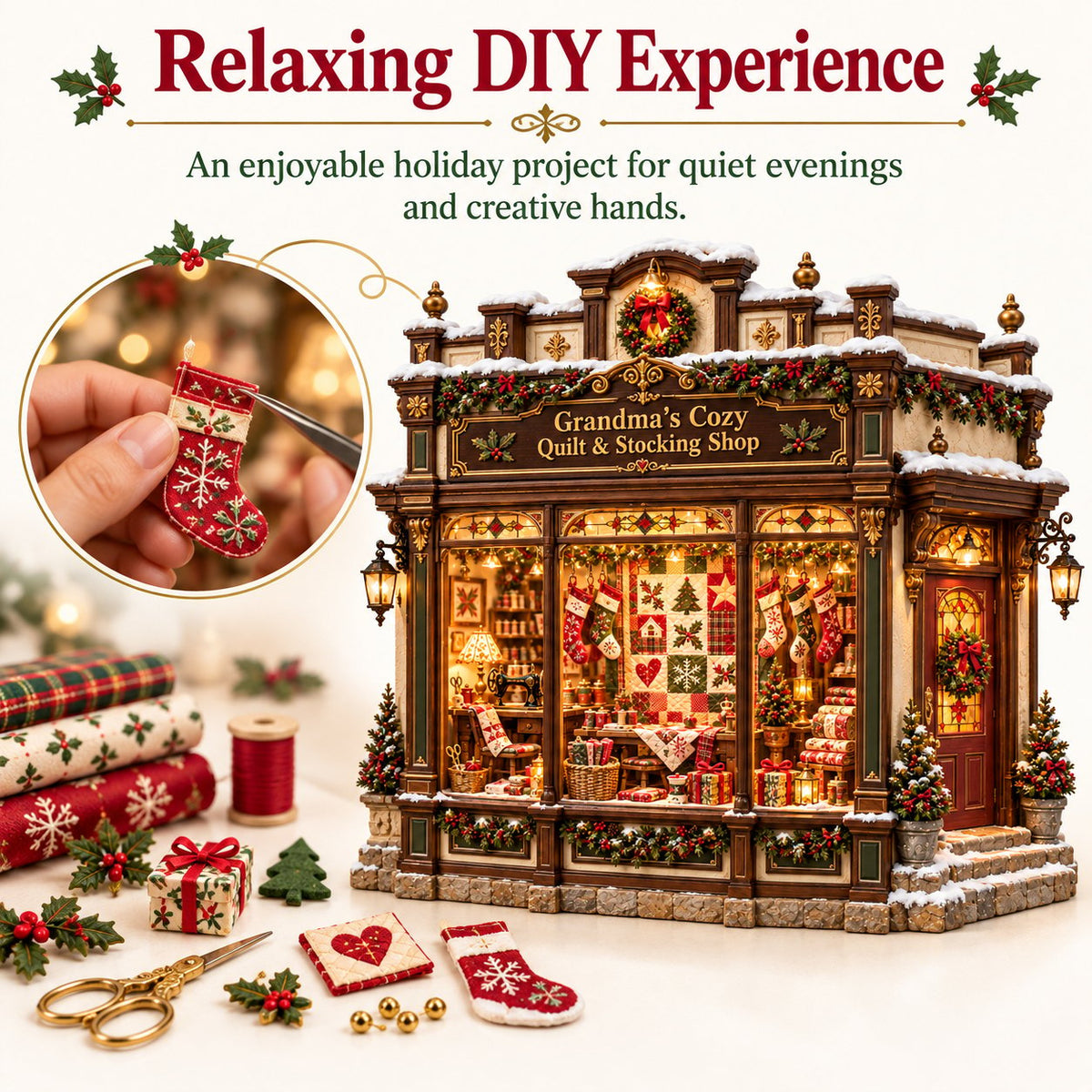 🎄✨ Grandma’s Cozy Quilt Shop– DIY Light-Up Christmas Miniature | Build Your Own Holiday Magic ❤️
