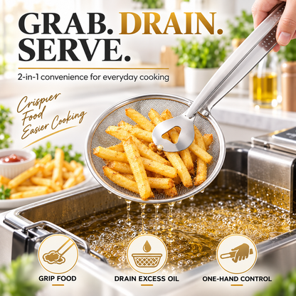 🔥2-in-1 Stainless Steel Strainer Tongs – Grab, Drain & Serve with One Tool