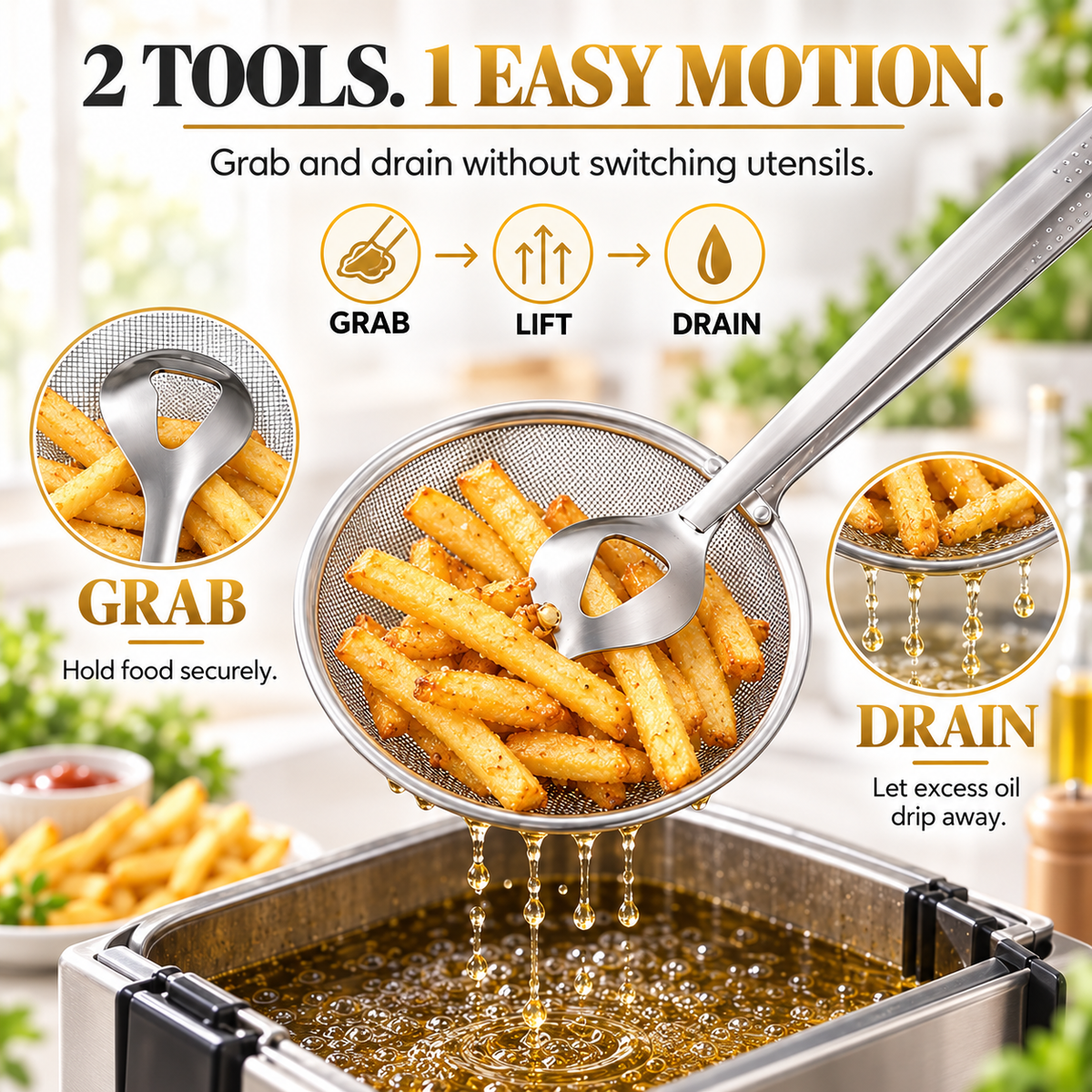 🔥2-in-1 Stainless Steel Strainer Tongs – Grab, Drain & Serve with One Tool