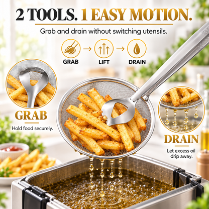 🔥2-in-1 Stainless Steel Strainer Tongs – Grab, Drain & Serve with One Tool