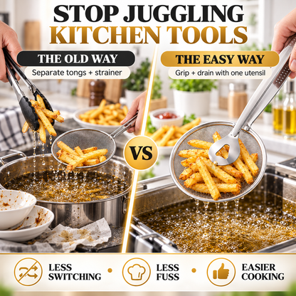 🔥2-in-1 Stainless Steel Strainer Tongs – Grab, Drain & Serve with One Tool