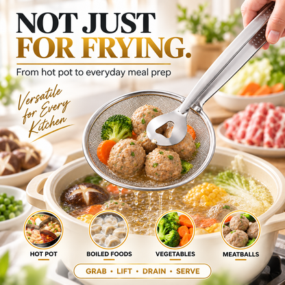 🔥2-in-1 Stainless Steel Strainer Tongs – Grab, Drain & Serve with One Tool