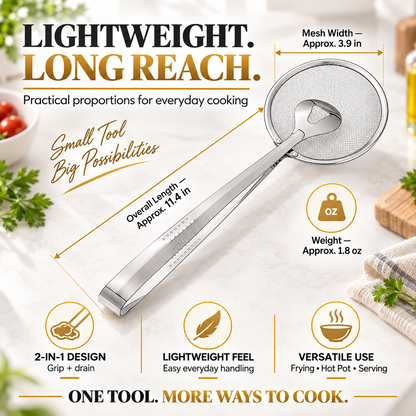 🔥2-in-1 Stainless Steel Strainer Tongs – Grab, Drain & Serve with One Tool