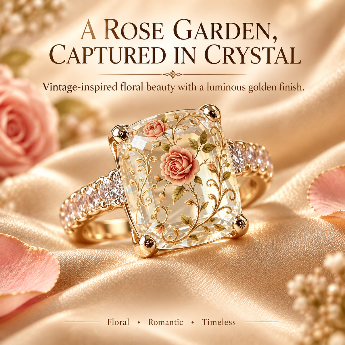 🌹 Vintage Rose Floral Crystal Statement Ring with Gold-Tone Band & Accent Stones ✨
