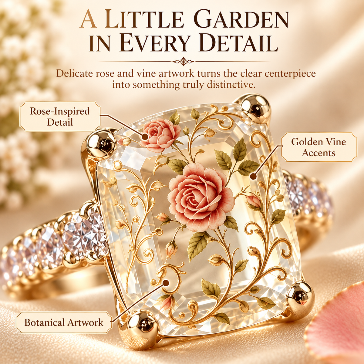 🌹 Vintage Rose Floral Crystal Statement Ring with Gold-Tone Band & Accent Stones ✨