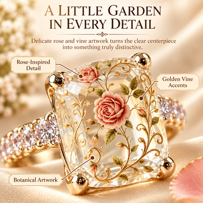 🌹 Vintage Rose Floral Crystal Statement Ring with Gold-Tone Band & Accent Stones ✨