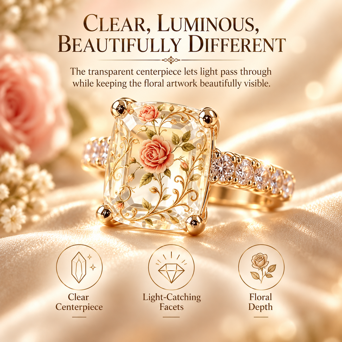 🌹 Vintage Rose Floral Crystal Statement Ring with Gold-Tone Band & Accent Stones ✨