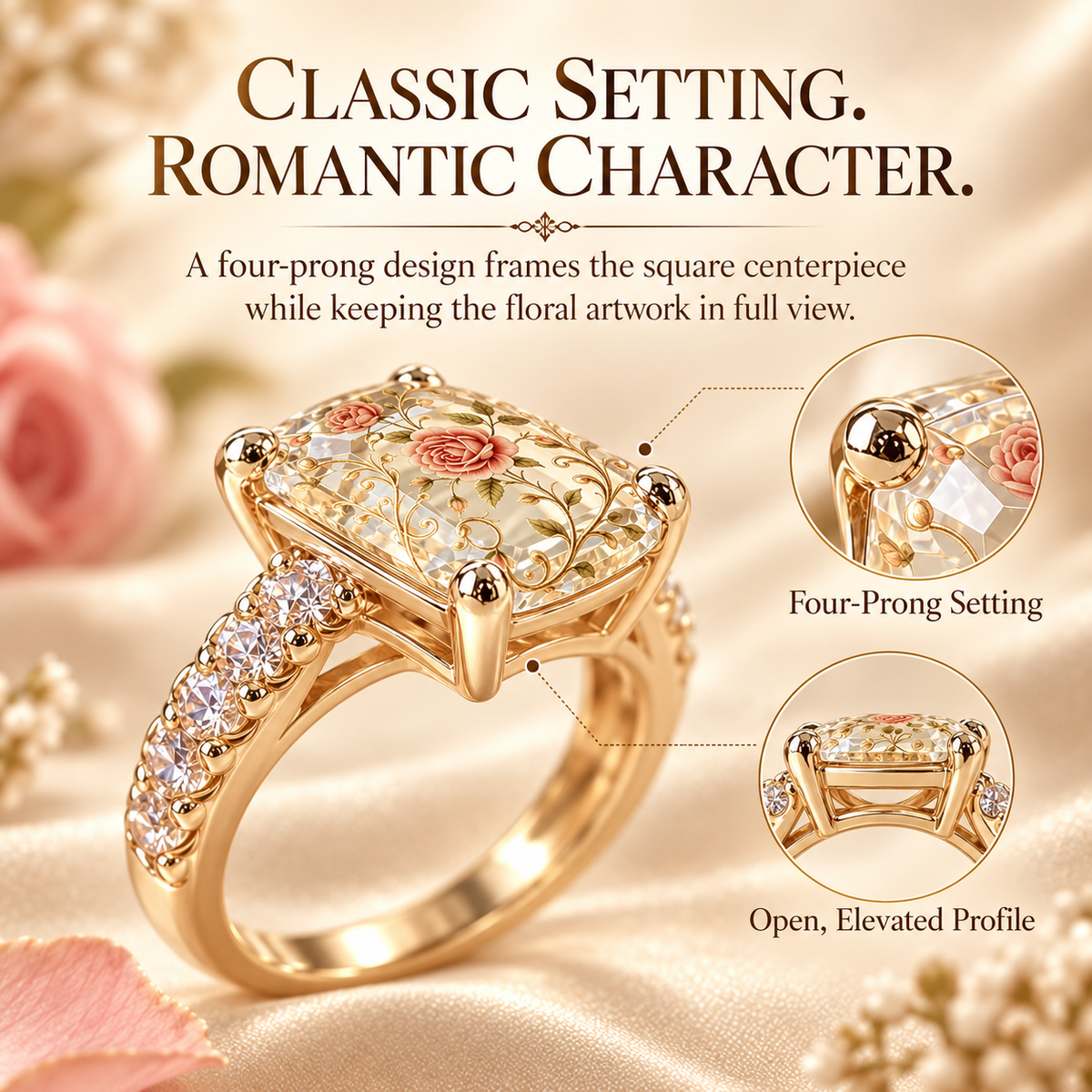 🌹 Vintage Rose Floral Crystal Statement Ring with Gold-Tone Band & Accent Stones ✨