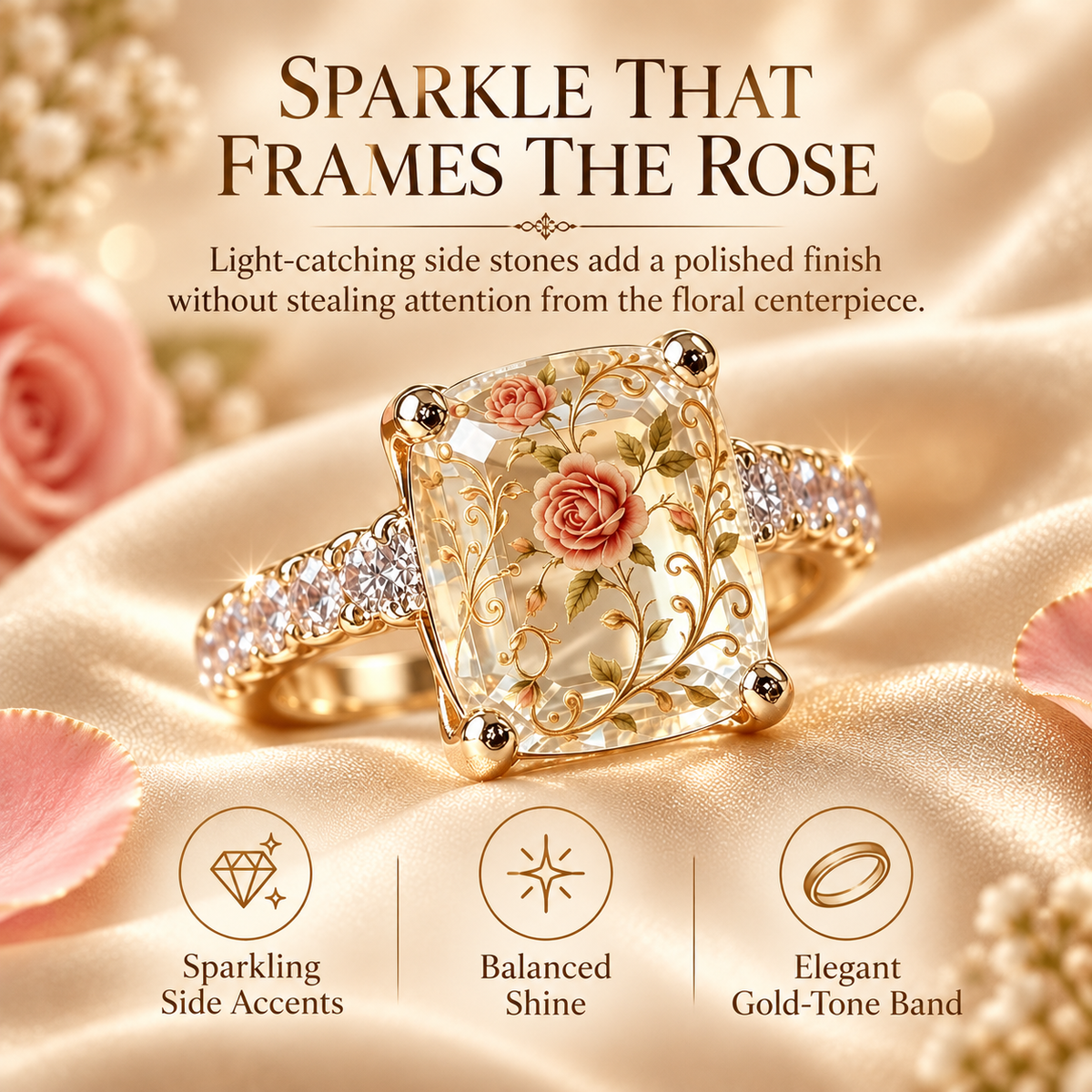 🌹 Vintage Rose Floral Crystal Statement Ring with Gold-Tone Band & Accent Stones ✨