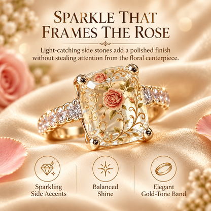 🌹 Vintage Rose Floral Crystal Statement Ring with Gold-Tone Band & Accent Stones ✨