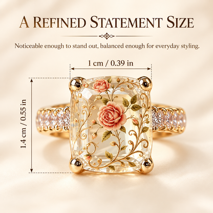 🌹 Vintage Rose Floral Crystal Statement Ring with Gold-Tone Band & Accent Stones ✨