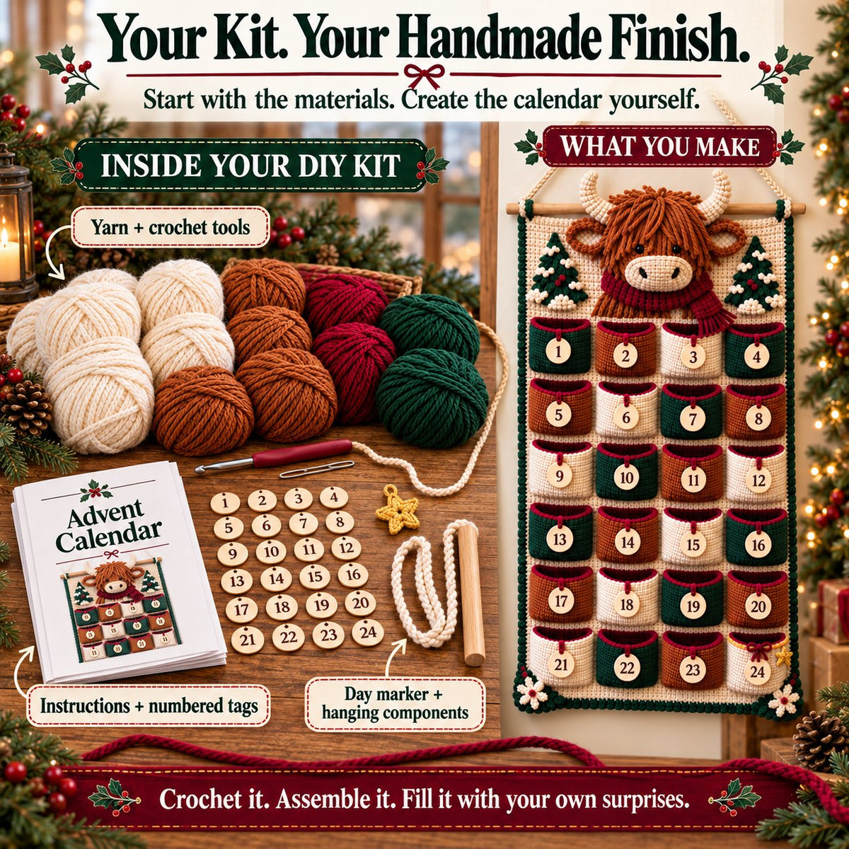 ⏳ Last Day 49% OFF – 🎄 24-Pocket DIY Christmas Crochet Advent Calendar Kit with Moveable Star Marker 🧶