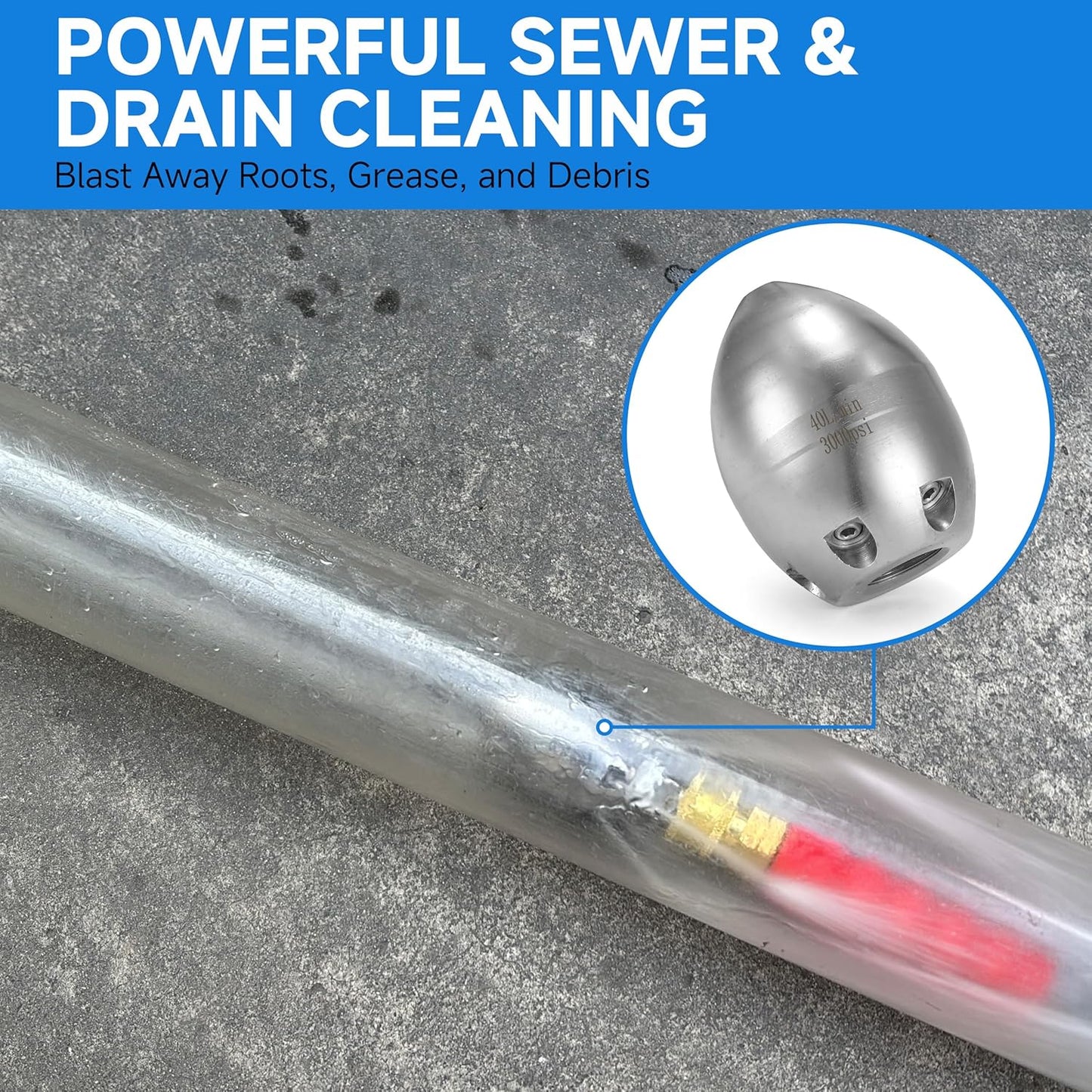 💦 3000 PSI 40 L/Min 3/8''  NPT Stainless Steel Sewer Jetter Nozzle for Pressure Washers
