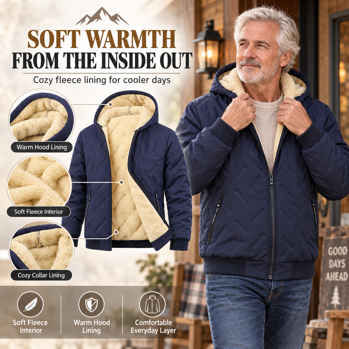 Men’s Thermal Lined Hooded Jacket – Full-Zip Warm Coat with Zipper Pockets