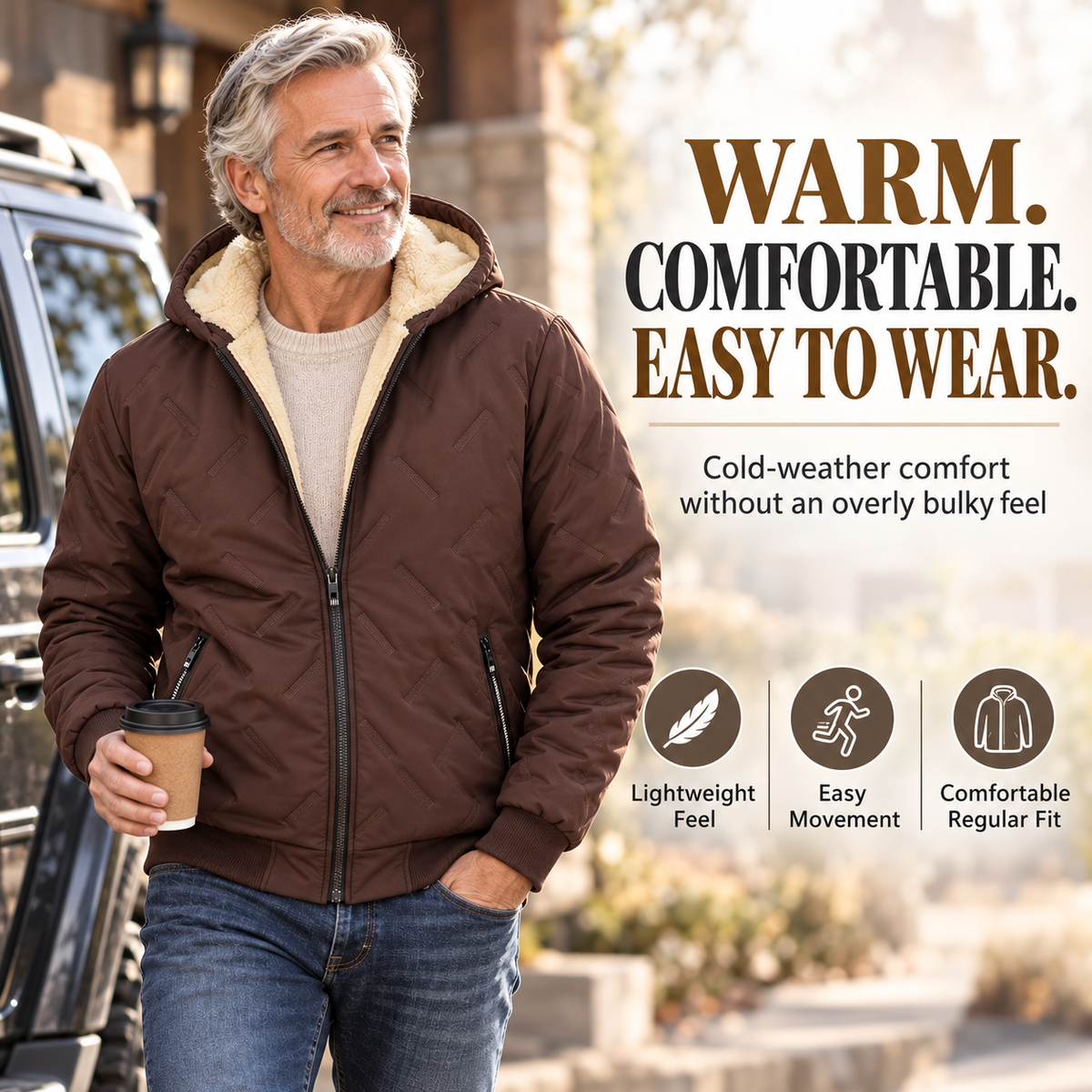 Men’s Thermal Lined Hooded Jacket – Full-Zip Warm Coat with Zipper Pockets