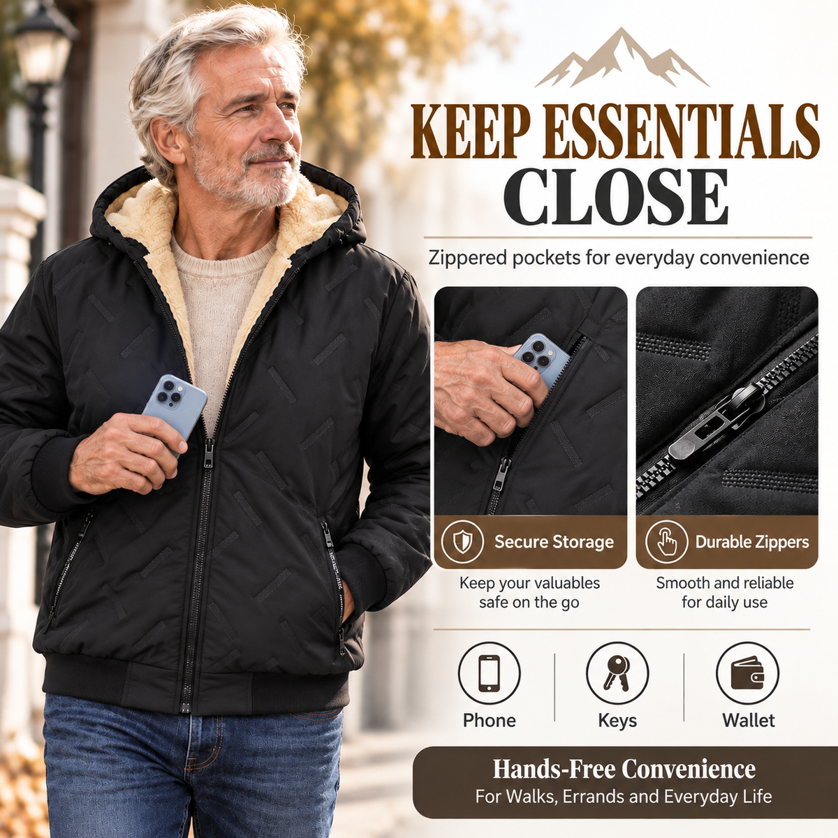 Men’s Thermal Lined Hooded Jacket – Full-Zip Warm Coat with Zipper Pockets