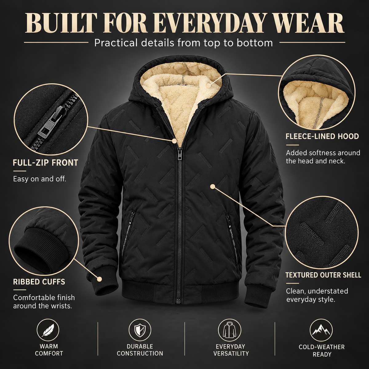 Men’s Thermal Lined Hooded Jacket – Full-Zip Warm Coat with Zipper Pockets