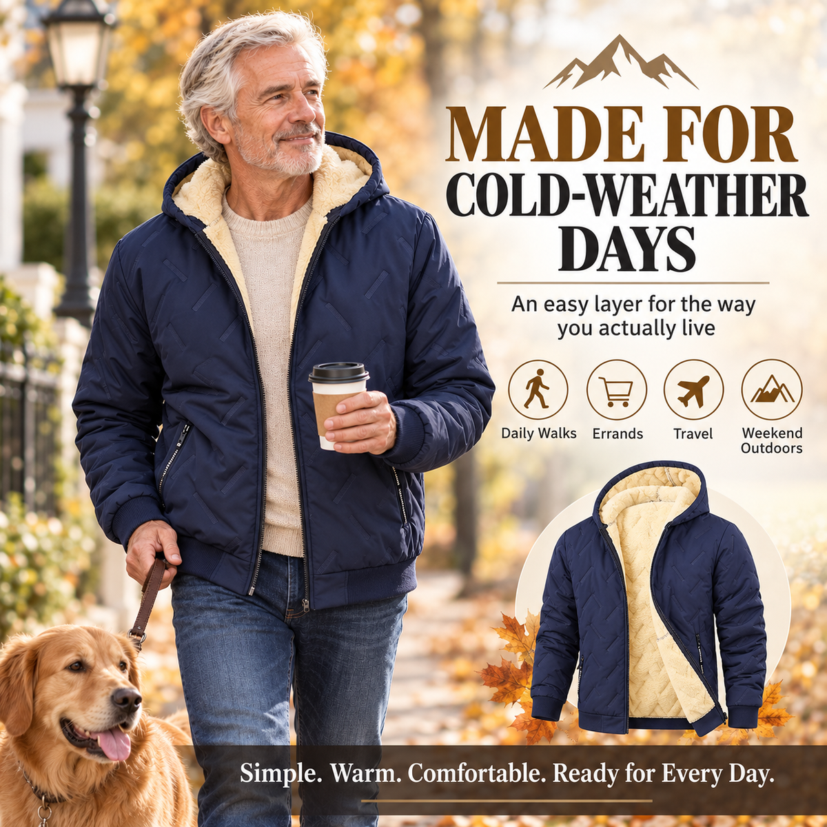Men’s Thermal Lined Hooded Jacket – Full-Zip Warm Coat with Zipper Pockets