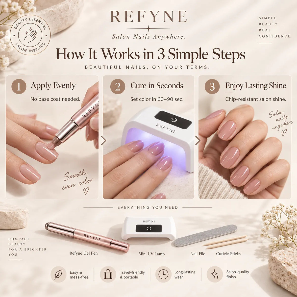 💅 3-in-1 Gel Nail Pen Kit – One-Step Manicure with Mini UV Lamp