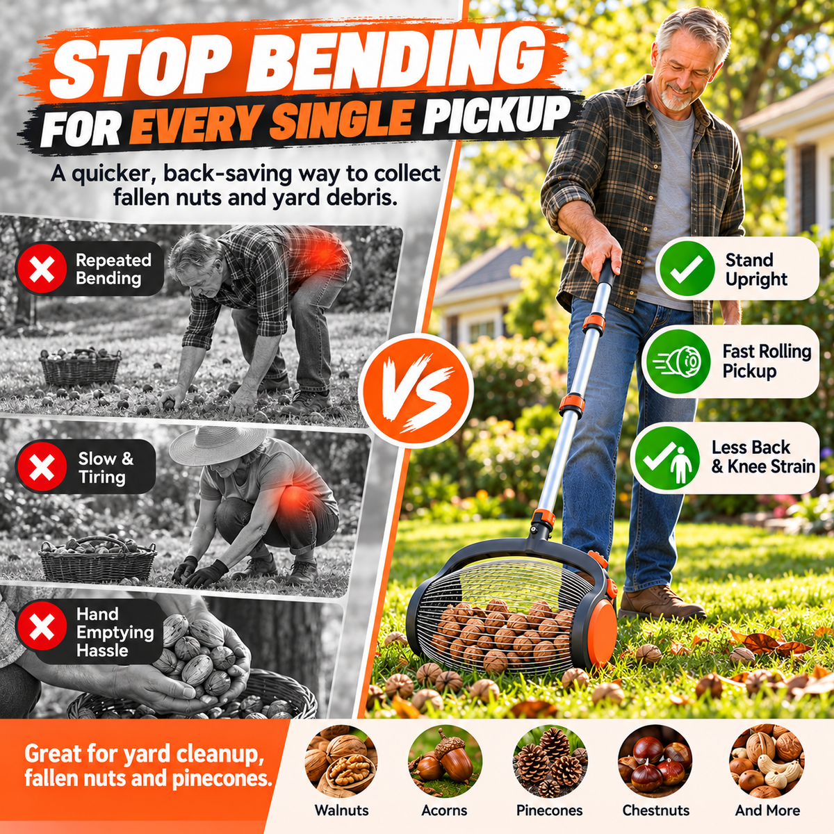 🌰✨Telescopic Nut Picker with Foot Release – Rolling Collector for Walnuts, Acorns & Pinecones, Yard Cleaning Tool