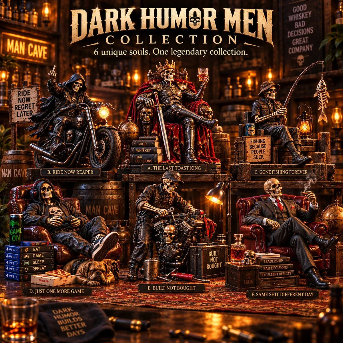 💀 Bad to the Bone™ – Dark Humor Skeleton Collectibles | 6 Legendary Styles