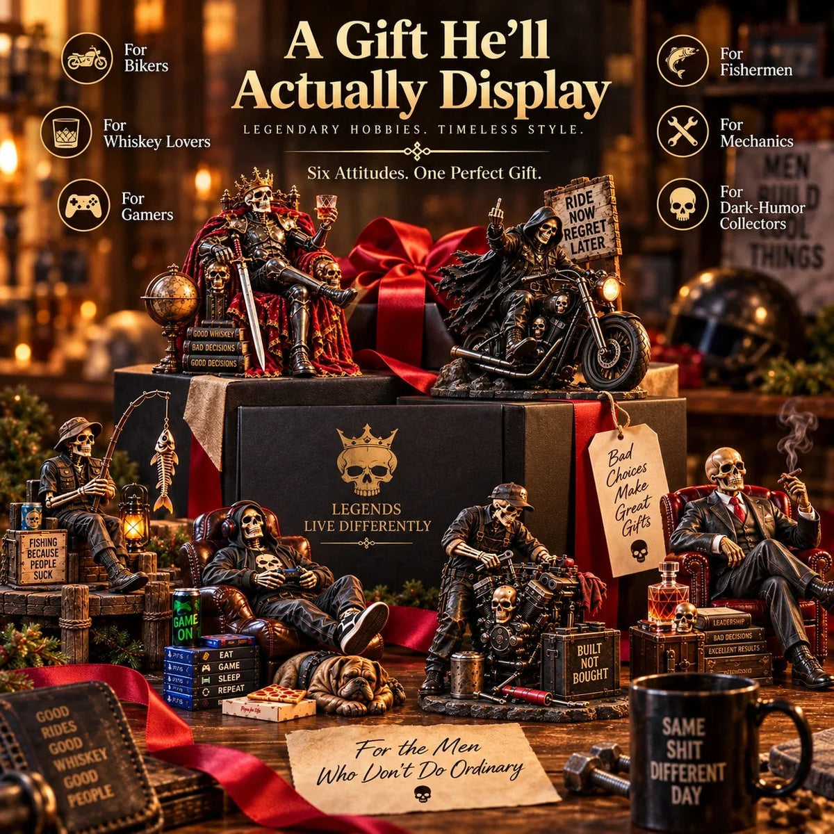 💀 Bad to the Bone™ – Dark Humor Skeleton Collectibles | 6 Legendary Styles
