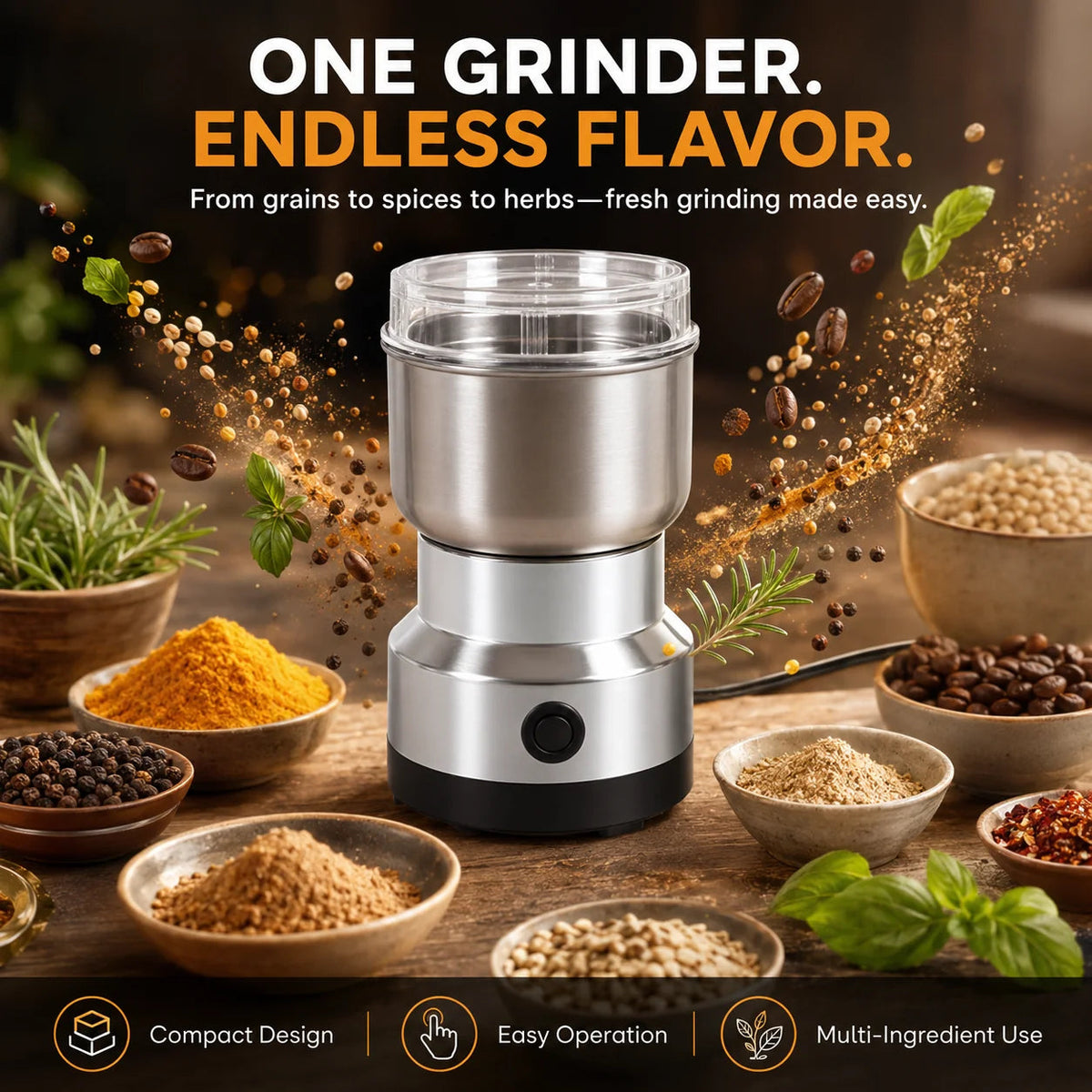 ⚡ High-Speed 304 Stainless Steel Grain & Spice Grinder for Kitchen Milling 🌿