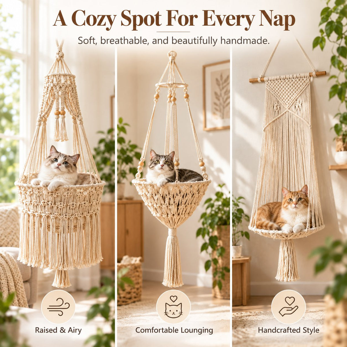 🔥 50% OFF Boho Macrame Cat Hammock 🐱 Cozy Hanging Bed for Cats