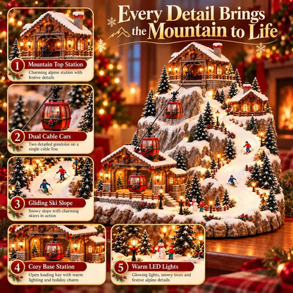 Animated Christmas Mountain Cable Car & Ski Village Scene ✨