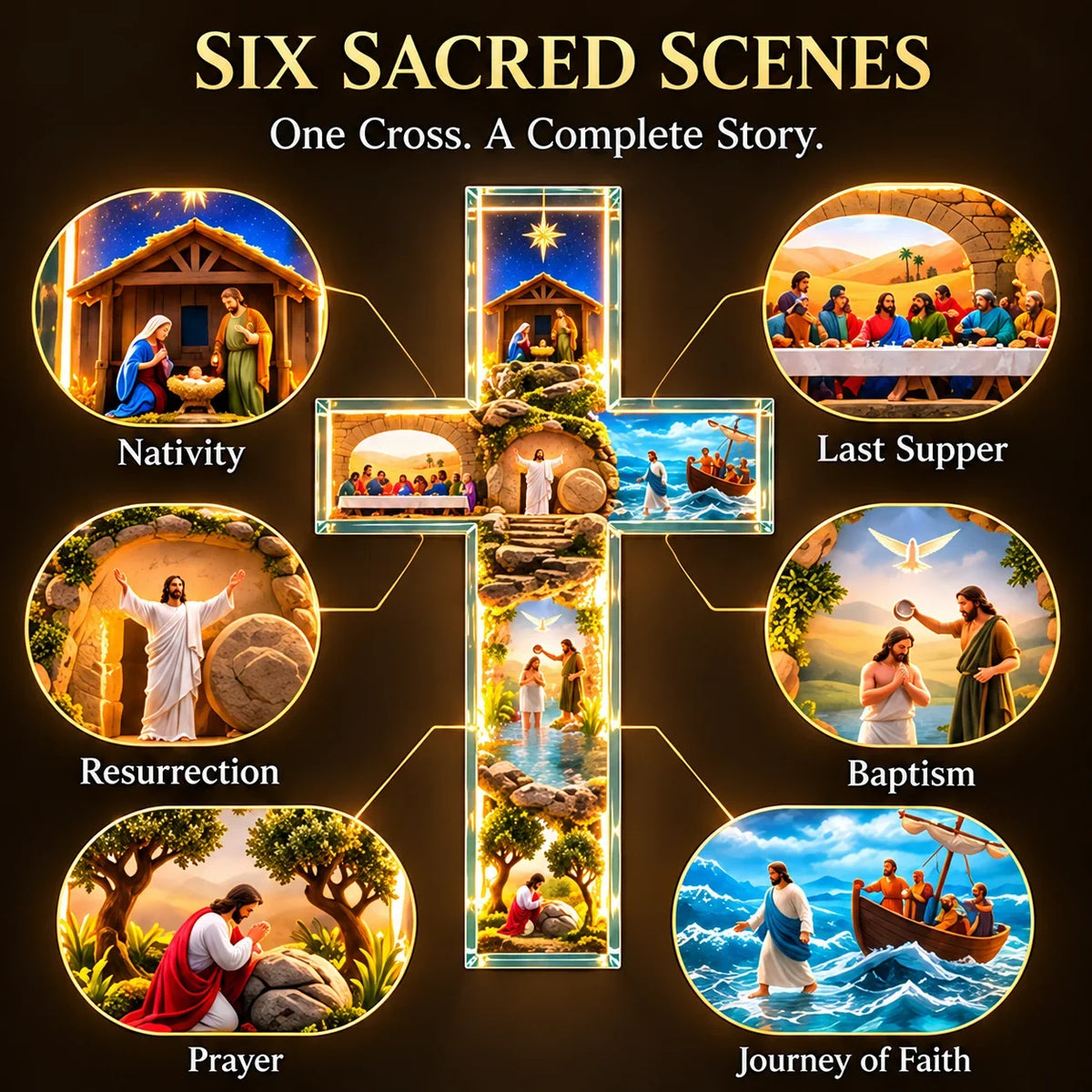 🙏 The Story of Jesus LED Cross Lamp ✝️✨ 6 Biblical Scenes & Meaningful Christian Gift