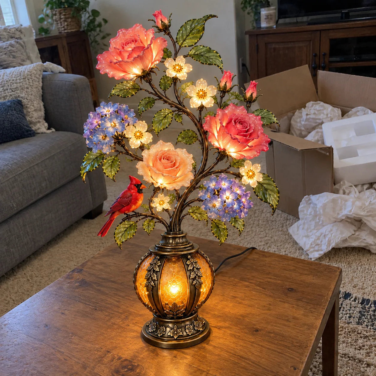 🌹✨ Eternal Bloom™ Rose & Cardinal Table Lamp – Vintage Floral Light-Up Home Decor