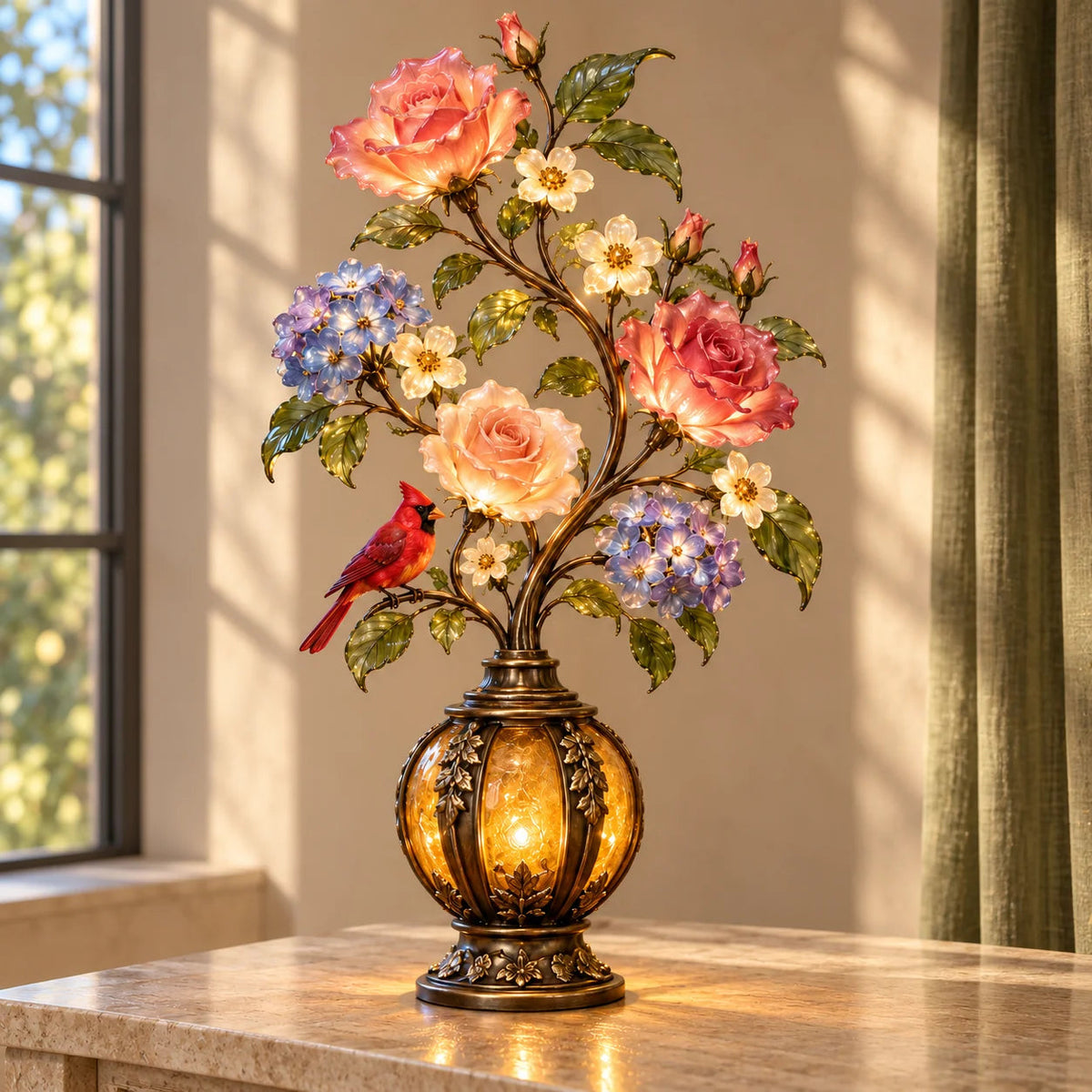 🌹✨ Eternal Bloom™ Rose & Cardinal Table Lamp – Vintage Floral Light-Up Home Decor