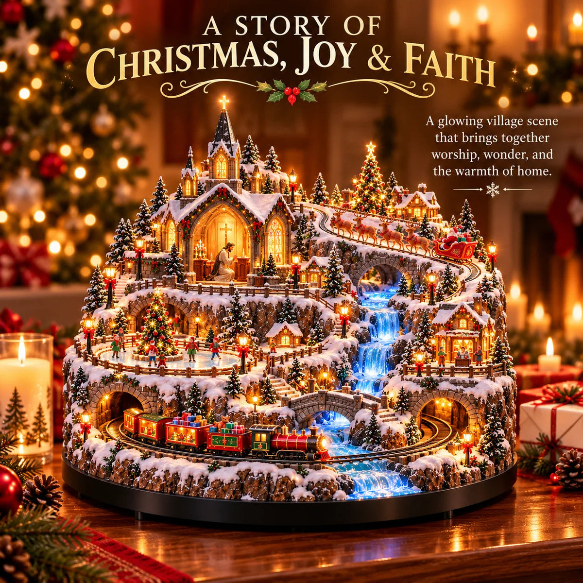 ✨ LAST DAY 49% OFF 🔥 Lighted Animated Christmas Village with Train, Reindeer Sleigh & Waterfall ✨