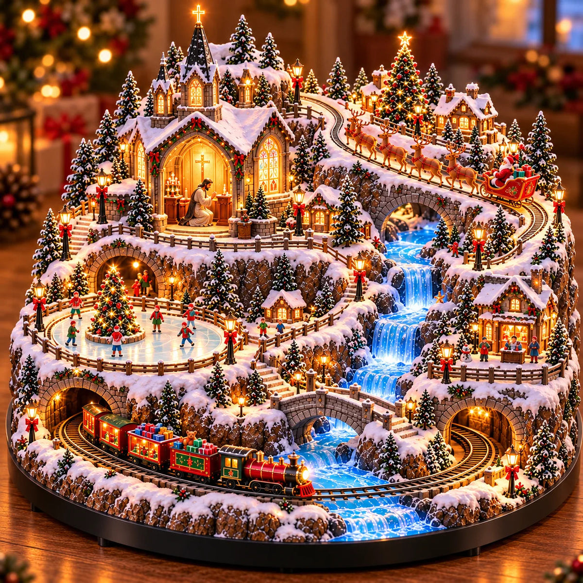 ✨ LAST DAY 49% OFF 🔥 Lighted Animated Christmas Village with Train, Reindeer Sleigh & Waterfall ✨