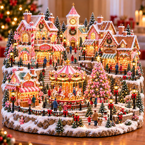 🎄 Candy Glow Pink Christmas Market Lighted Miniature Village 🎠