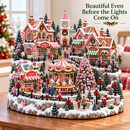 🎄 Candy Glow Pink Christmas Market Lighted Miniature Village 🎠