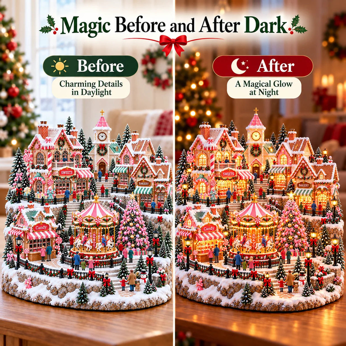 🎄 Candy Glow Pink Christmas Market Lighted Miniature Village 🎠