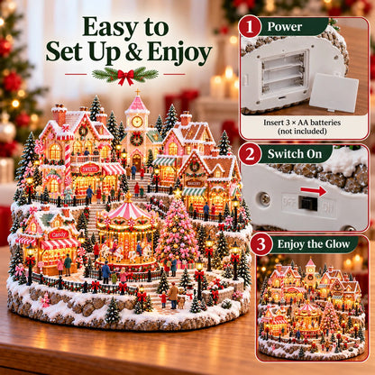 🎄 Candy Glow Pink Christmas Market Lighted Miniature Village 🎠