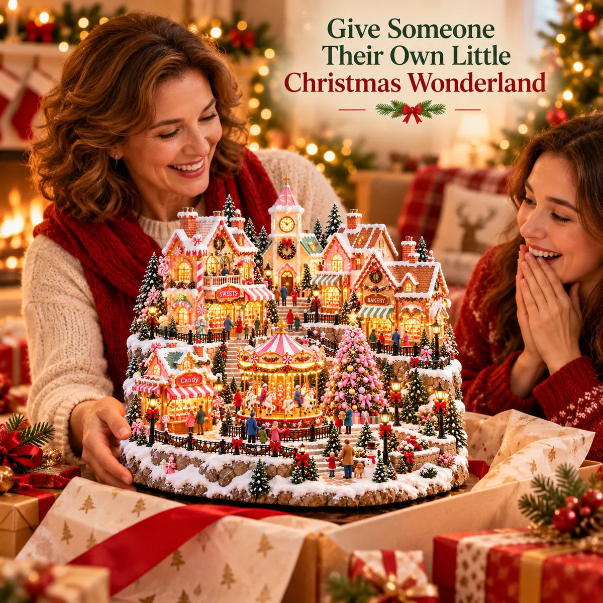 🎄 Candy Glow Pink Christmas Market Lighted Miniature Village 🎠