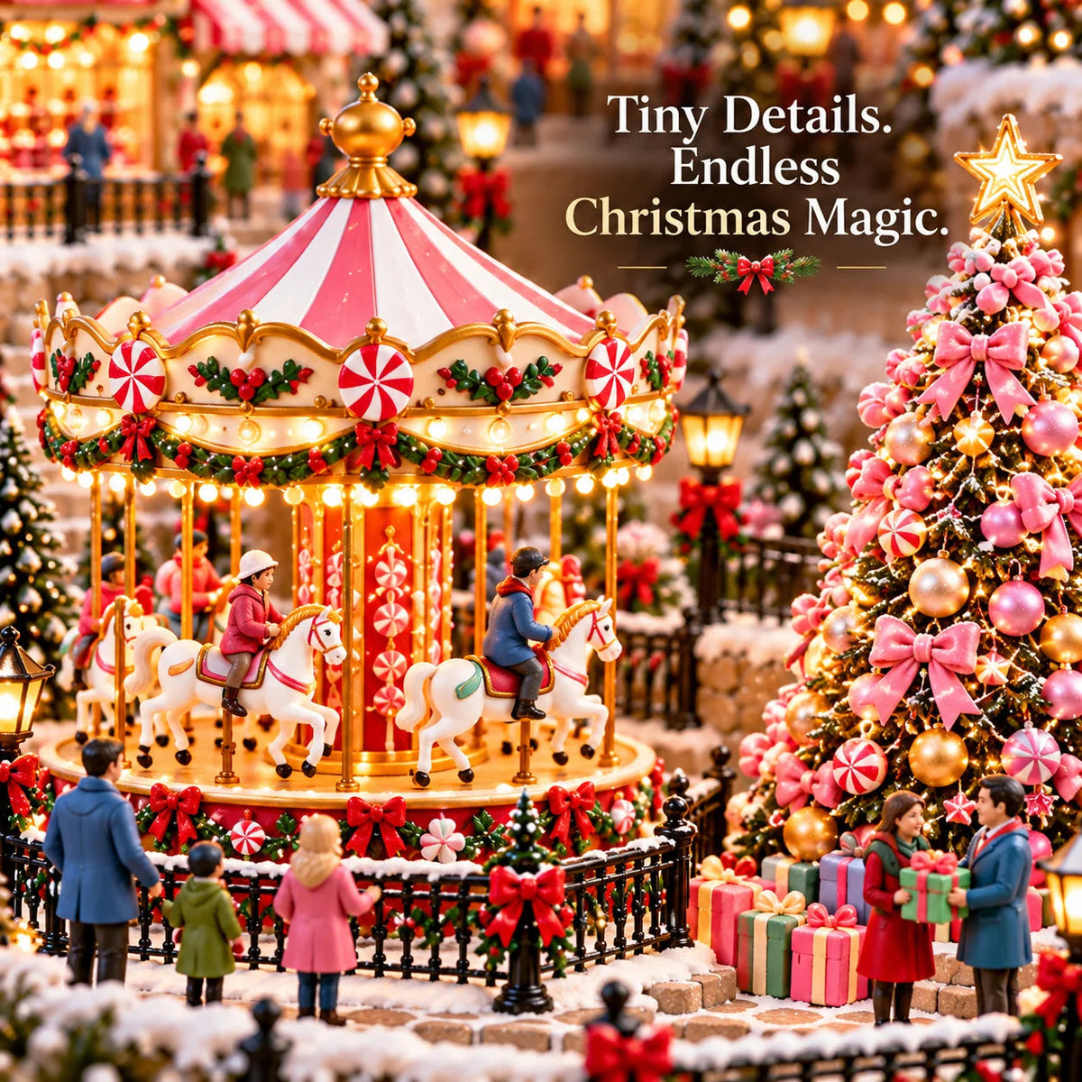 🎄 Candy Glow Pink Christmas Market Lighted Miniature Village 🎠