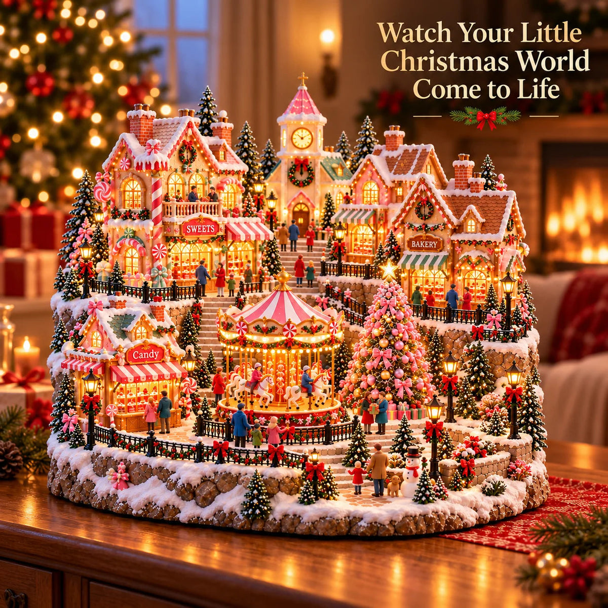 🎄 Candy Glow Pink Christmas Market Lighted Miniature Village 🎠